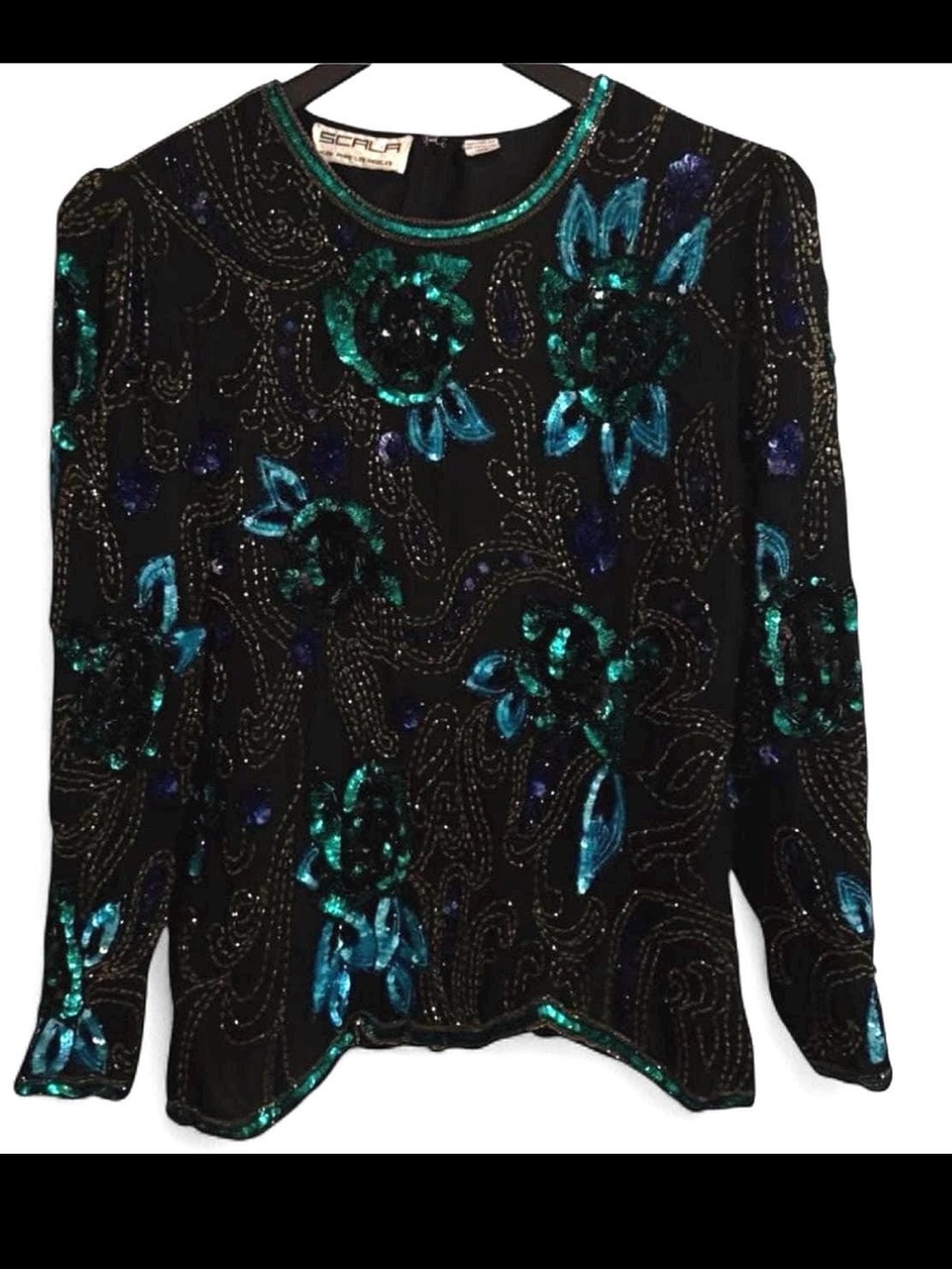 SCALA 80’s Black & Teal Silk Beaded & Sequined Floral Formal Blouse Sz XL 🤩
